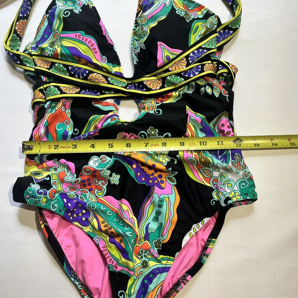 Trina Turk Sea Garden Print Black One Piece Swimsuit 4 Plunge Halter Back Tie
